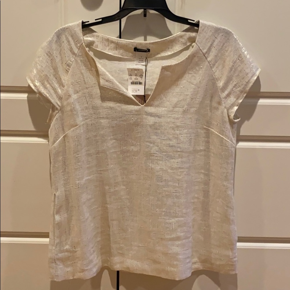 J Crew Linen Shell WhiteGold Metallic Pockets